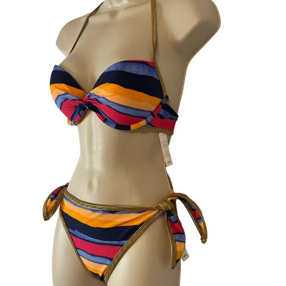 Aerie Bikini Striped Metallic Trim Push-up Top 36A Side Tie Bottom Large NWT - Picture 6 of 14